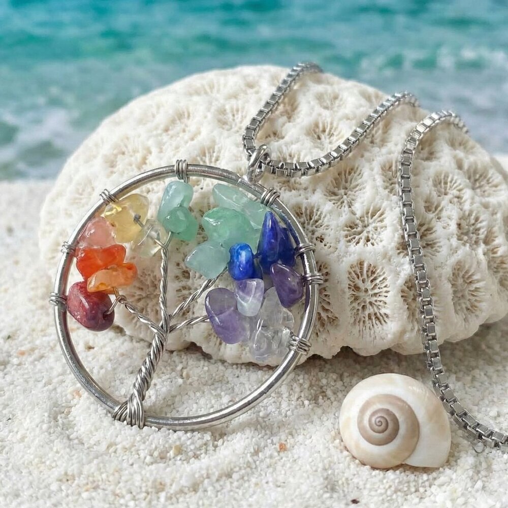 Handmade Chakra Tree Of Life Crystal Pendant Stainless Steel Boho Chic Necklace